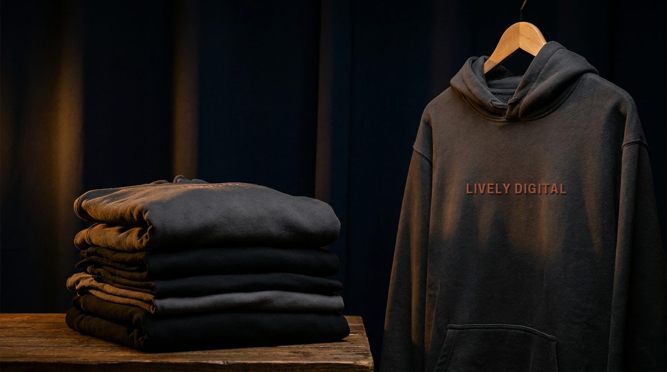 Custom embroidered hoodies and folded branded apparel in a dark studio
