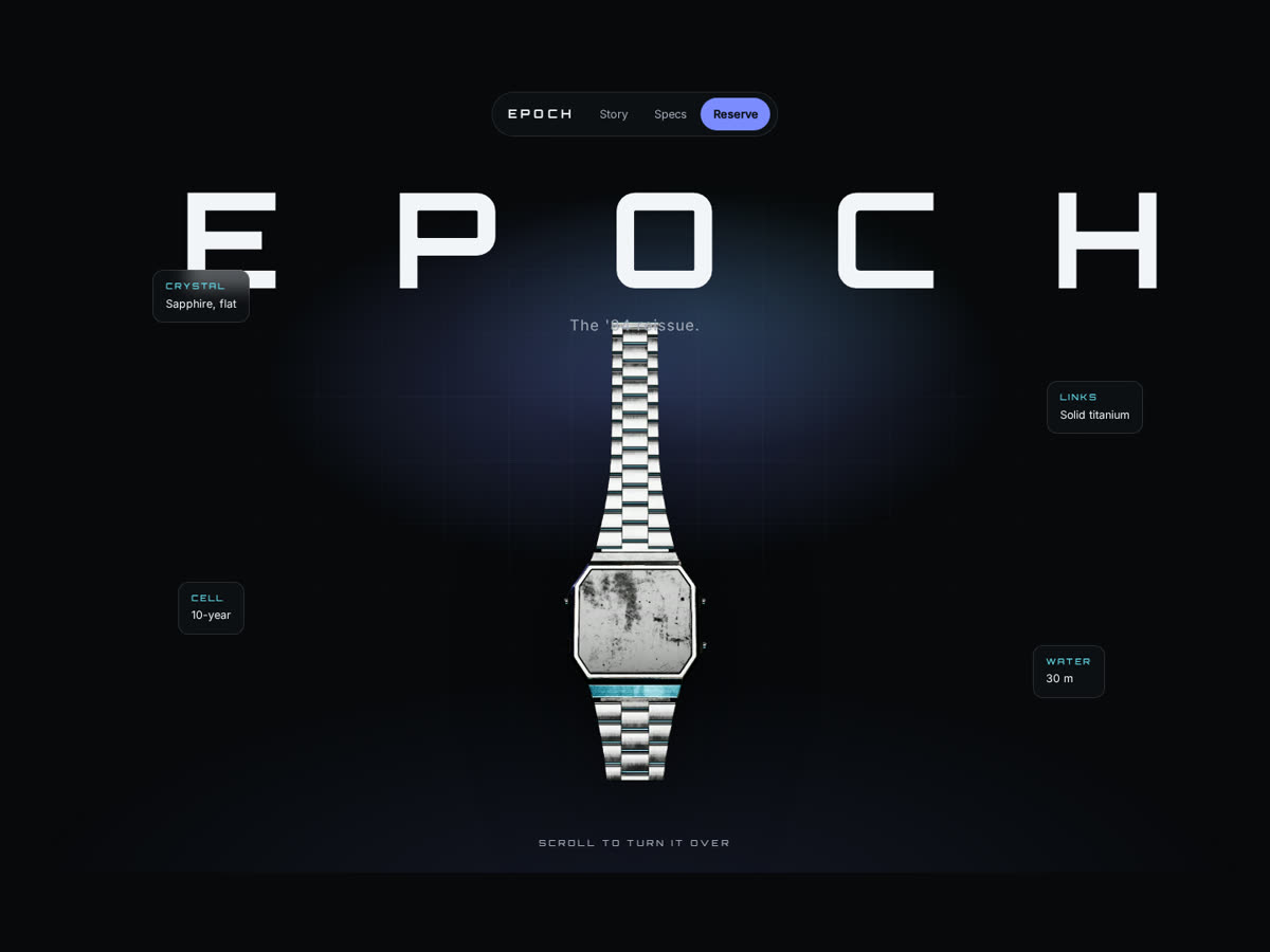 Epoch design homepage — glowing dark stage with a 3D watch you can rotate