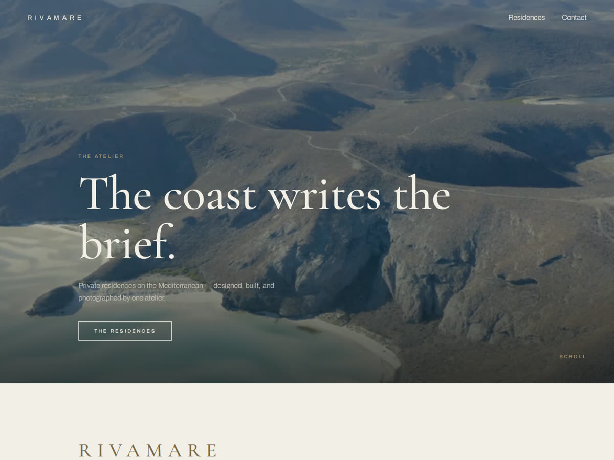 Rivamare design homepage — serif headline over a dark aerial coastline film